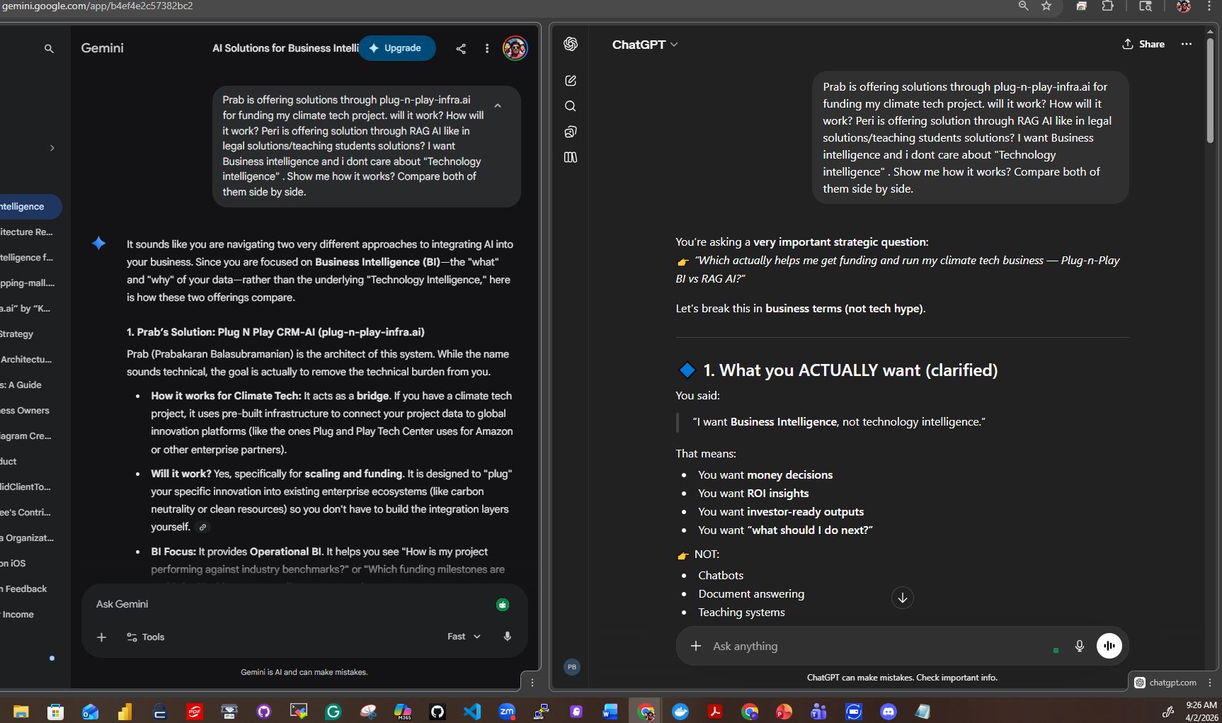 Competitor vs Prab Comparison Study — RAG-only legal/education solution vs full Business Intelligence platform with GenAI operations and Agentic AI
